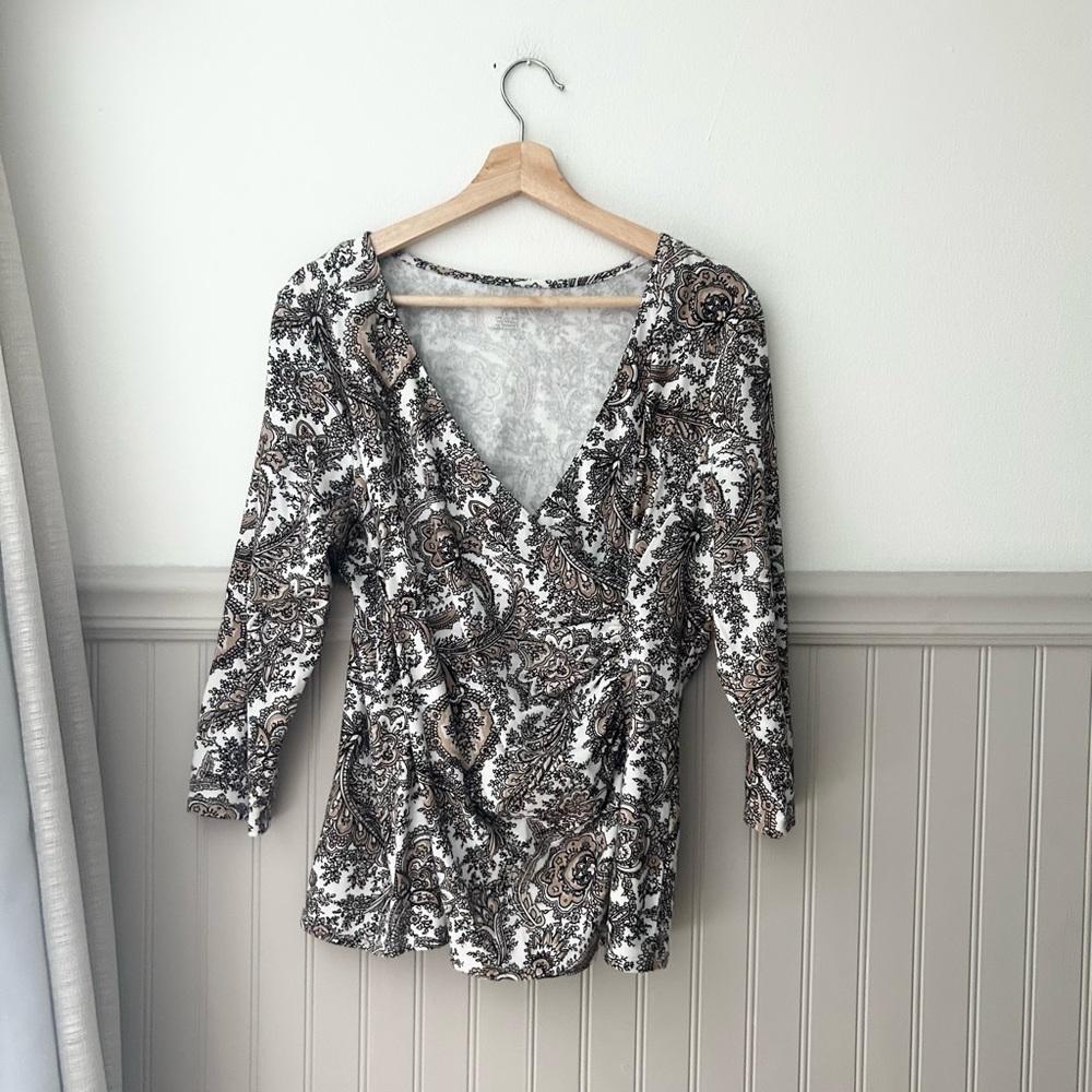 Talbots Tan Black White Paisley V-Neck 3/4 Sleeve Top Large Cotton Blend